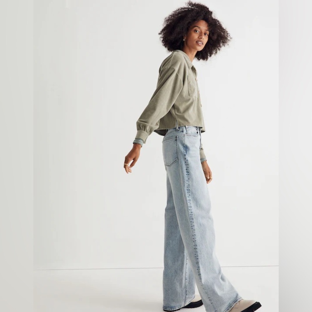 Madewell Knit Corduroy Crop Shirt-Jacket Sage Green Olive Button-Front Pocket - Picture 2 of 8